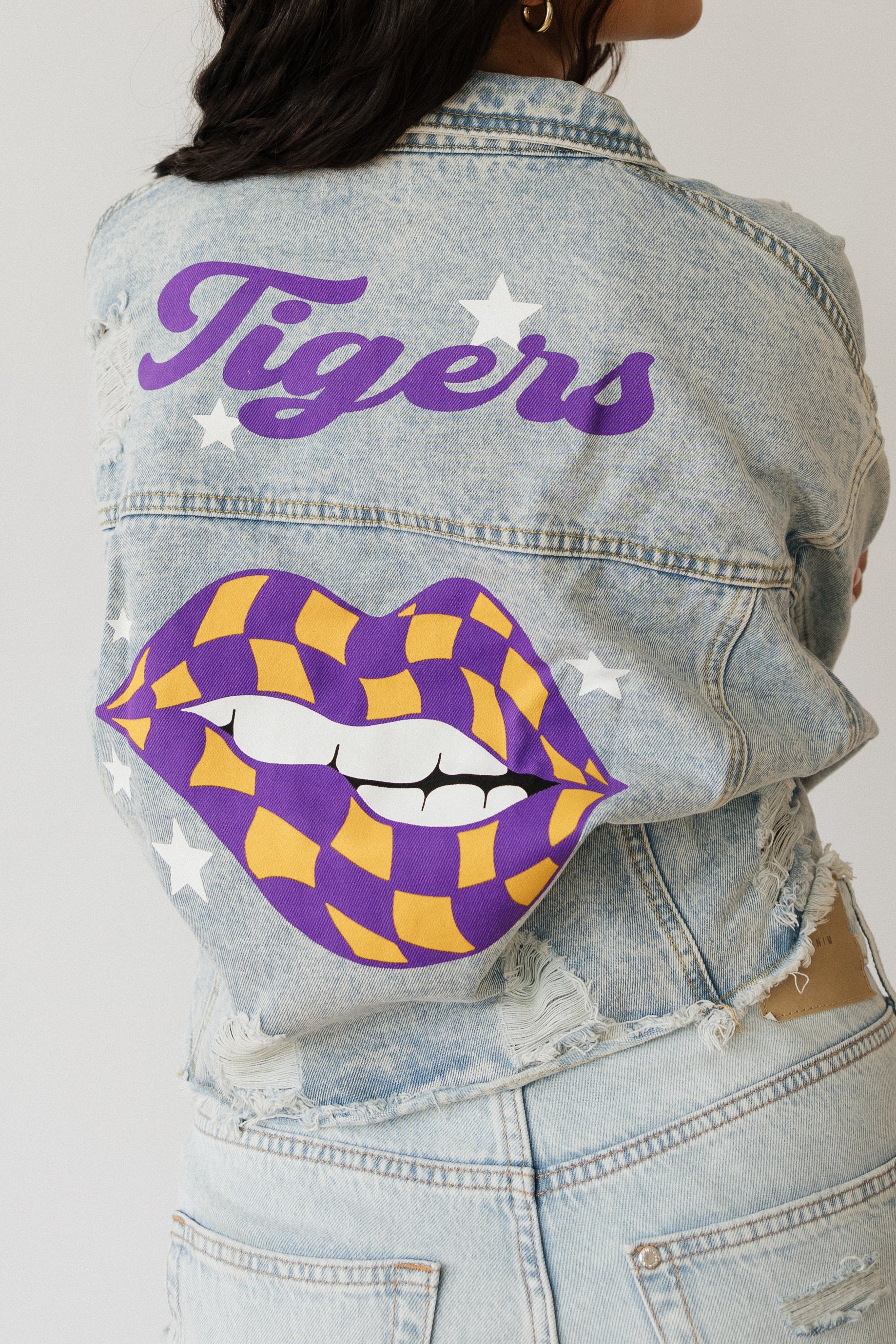 Louisiana State University Checkered Lips Print Denim Jacket