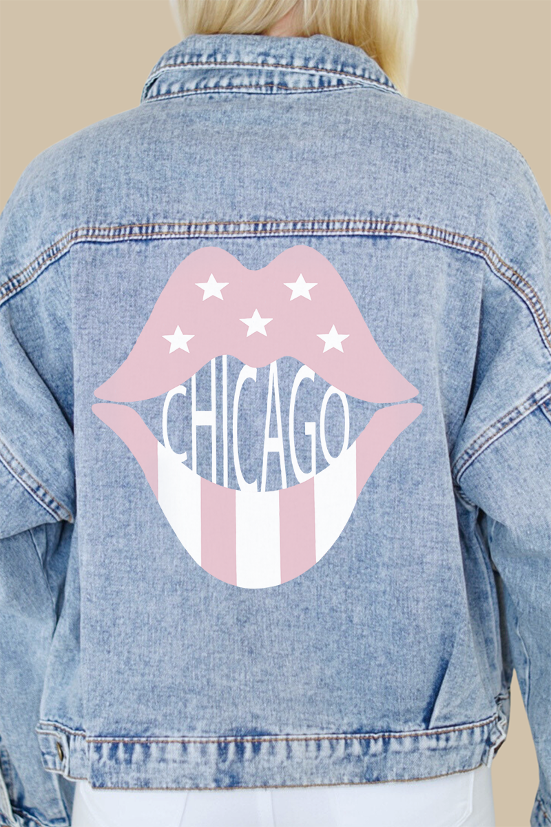 Chicago Rose Pink Lips Print Denim Jacket