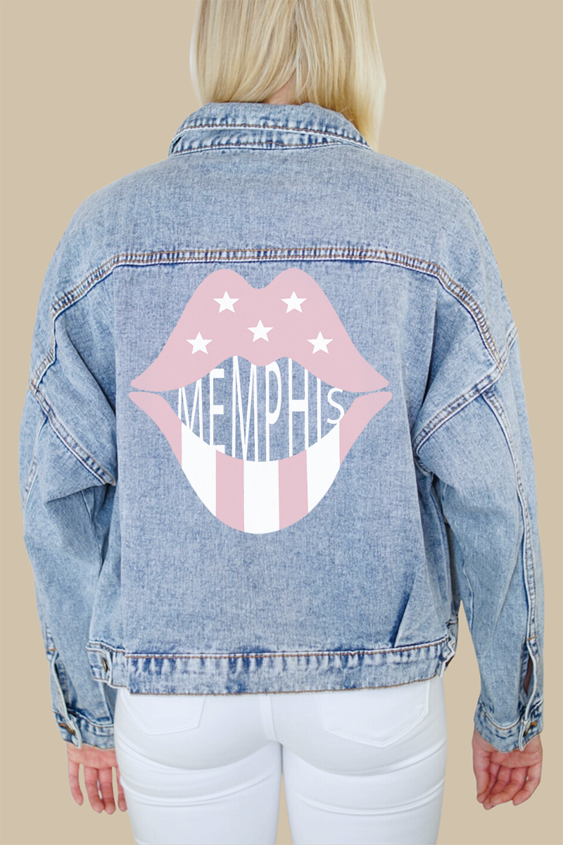 Memphis Rose Pink Lips Print Denim Jacket