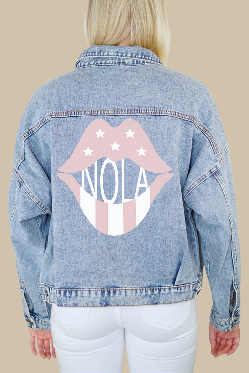 NOLA Rose Pink Lips Print Denim Jacket