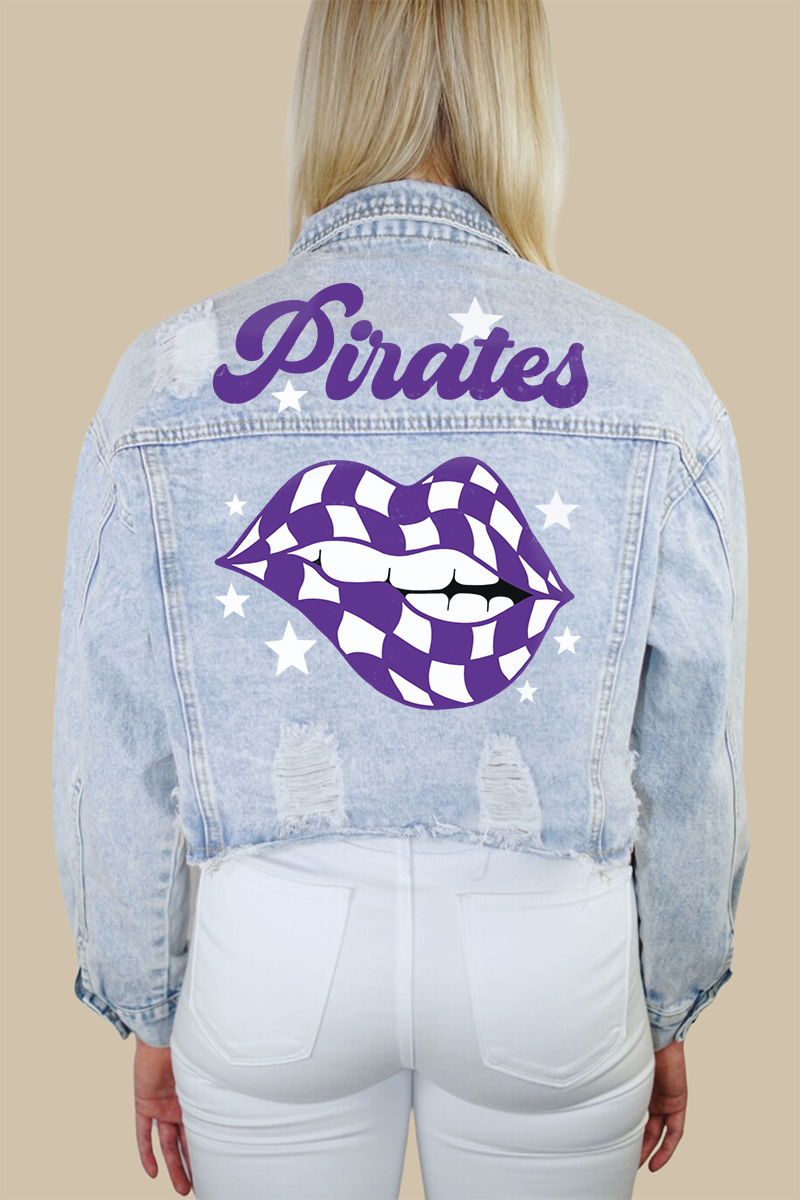 Pirates (Purple/White) Checkered Lips Print Denim Jacket