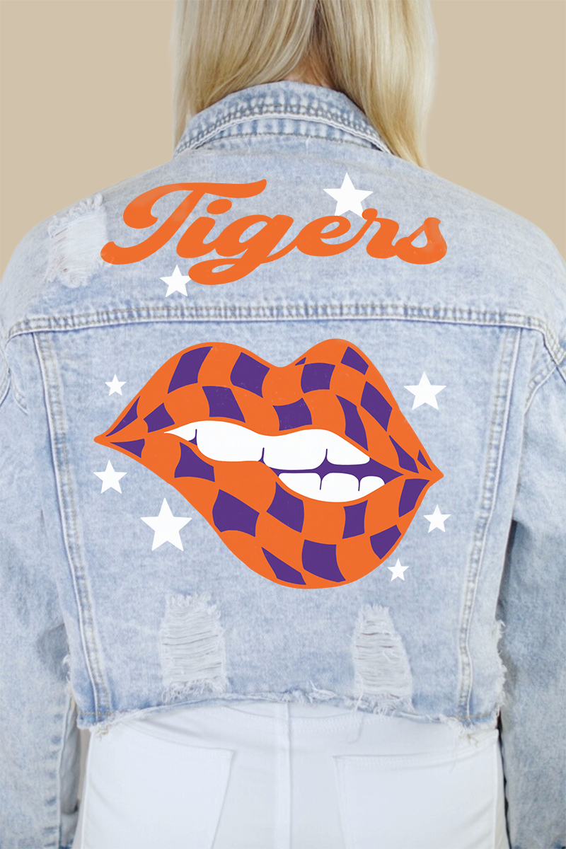 Clemson University Checkered Lips Print Denim Jacket