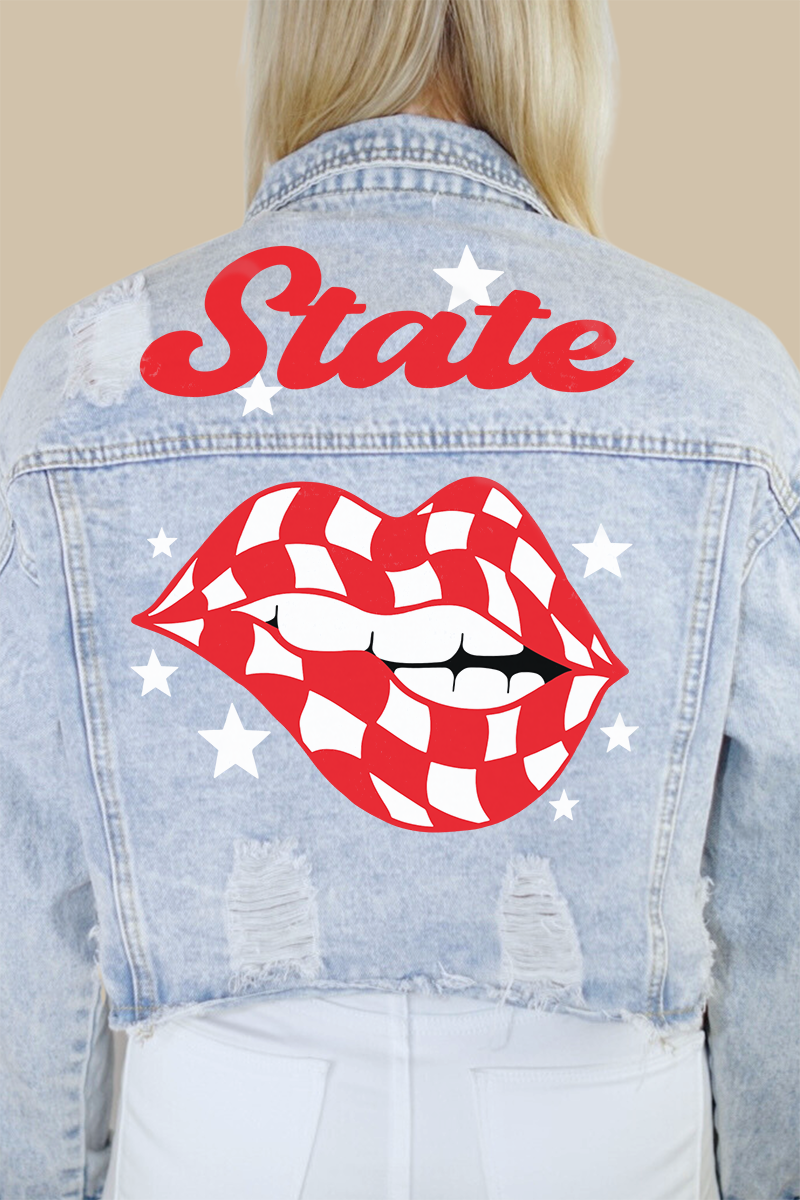 State (Red) Checkered Lips Print Denim Jacket