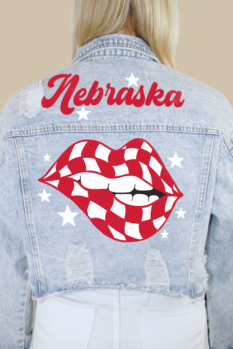 Nebraska (Red) Checkered Lips Denim Jacket