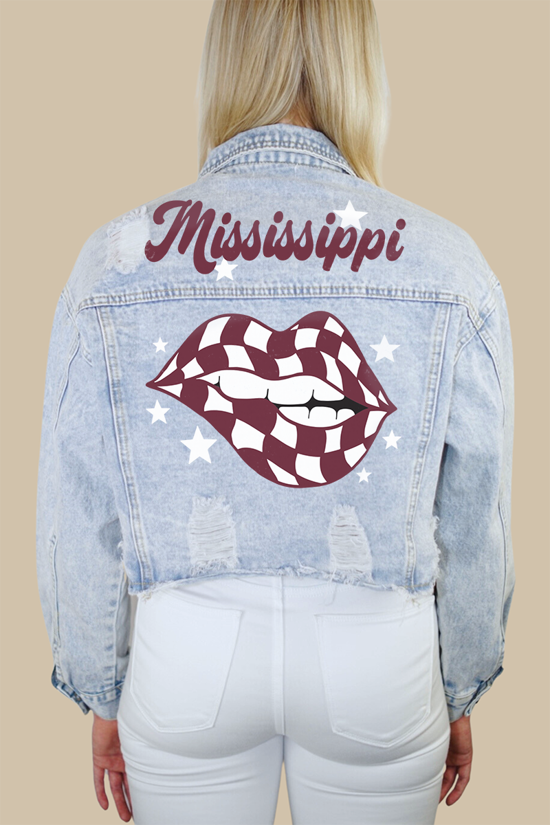 Mississippi State University Checkered Lips Print Denim Jacket