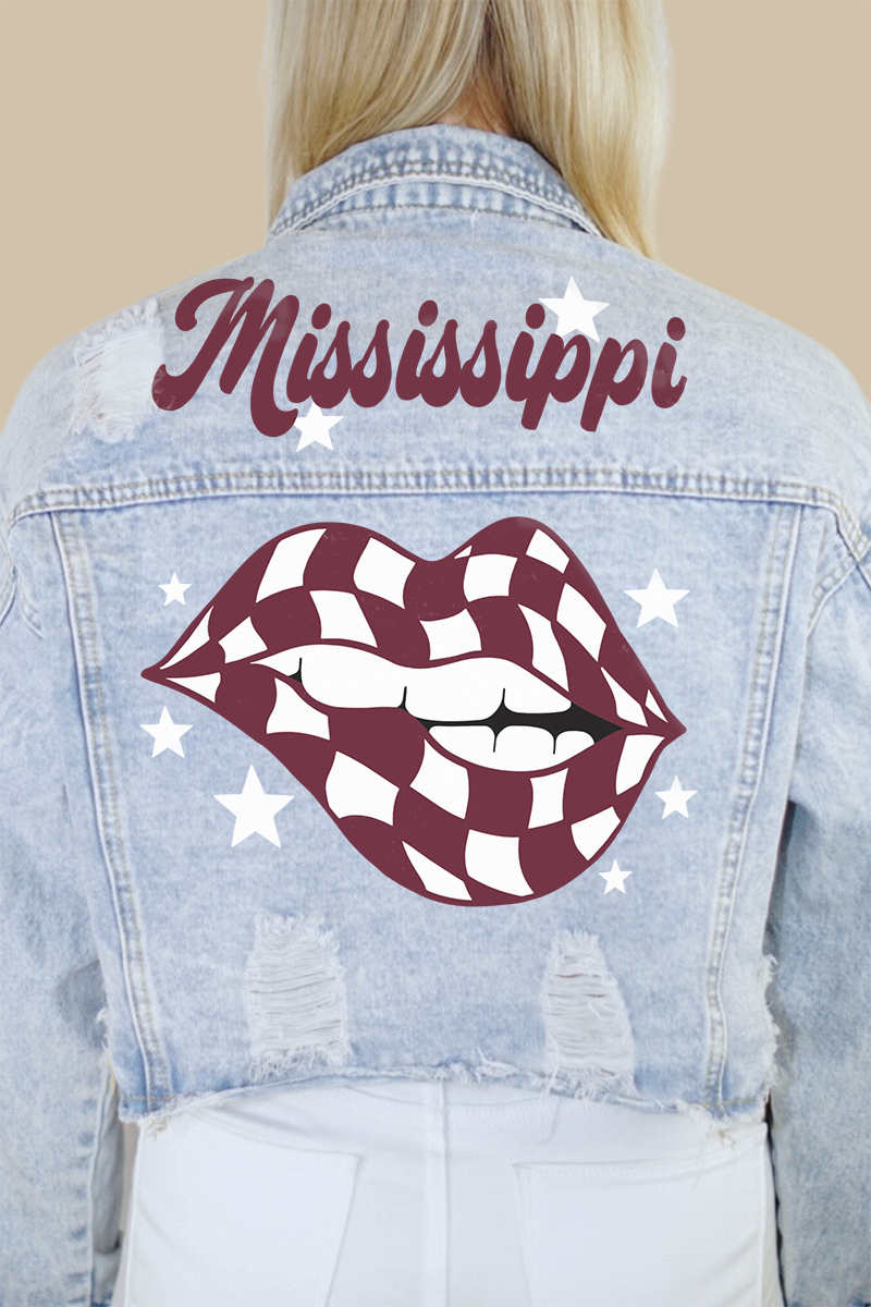 Mississippi State University Checkered Lips Print Denim Jacket