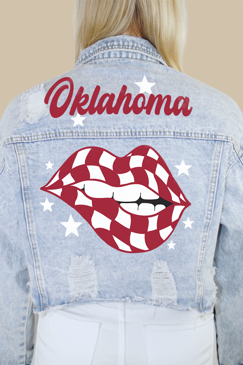 University of Oklahoma Checkered Lips Print Denim Jacket
