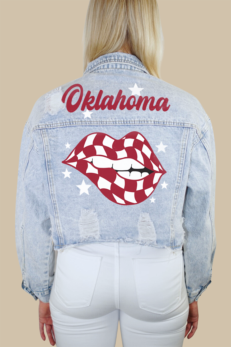 University of Oklahoma Checkered Lips Print Denim Jacket