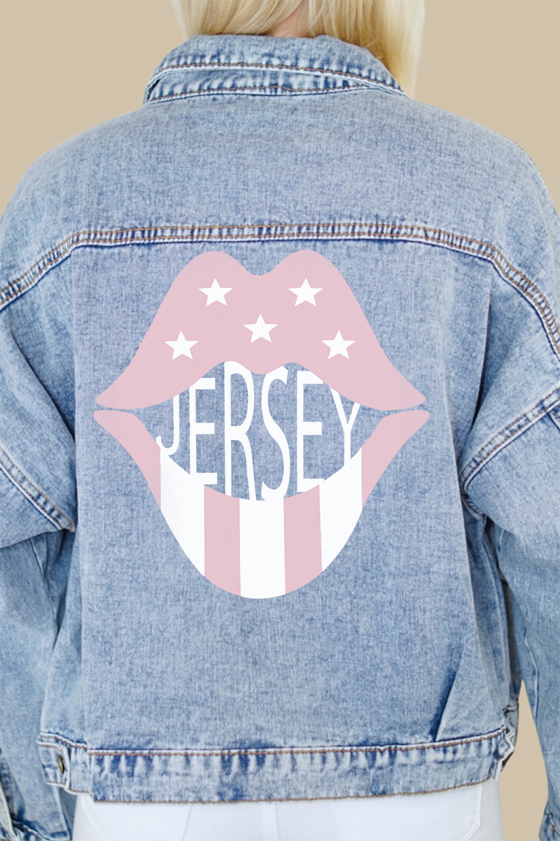 New Jersey Rose Pink Lips Print Denim Jacket