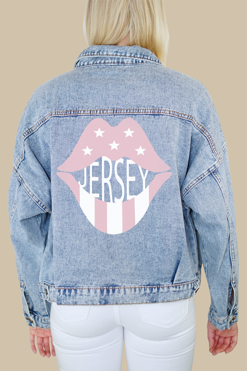 New Jersey Rose Pink Lips Print Denim Jacket