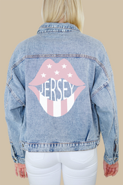 New Jersey Rose Pink Lips Print Denim Jacket