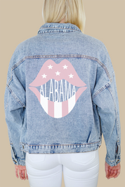 Alabama Rose Pink Lips Print Denim Jacket