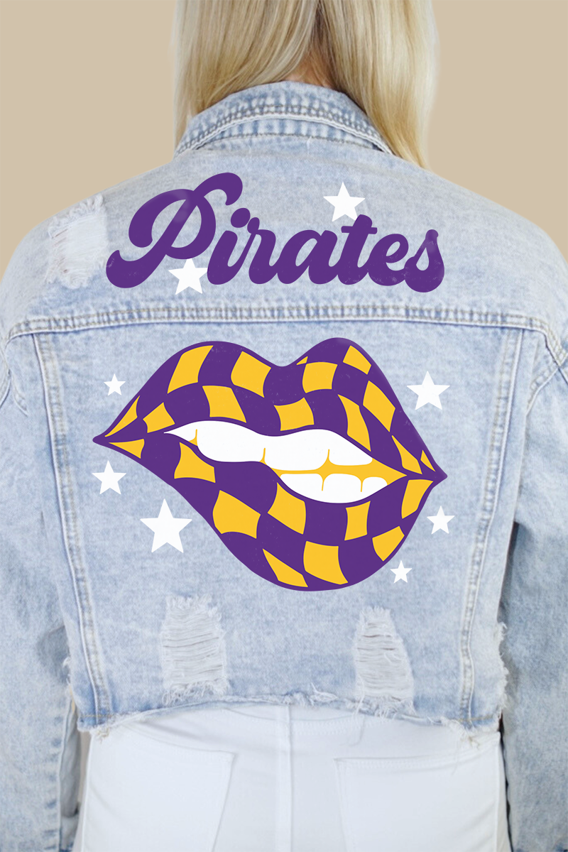 Pirates (Purple/Yellow) Checkered Lips Print Denim Jacket