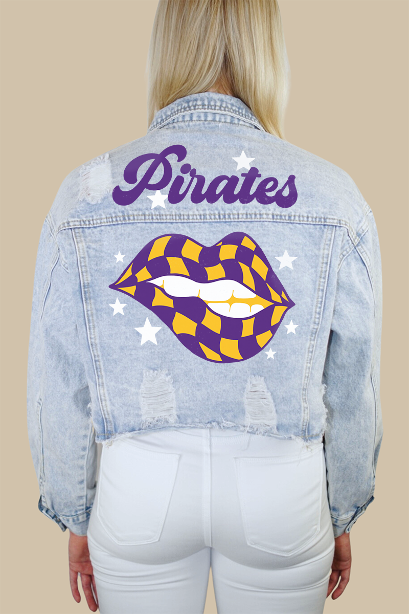 Pirates (Purple/Yellow) Checkered Lips Print Denim Jacket