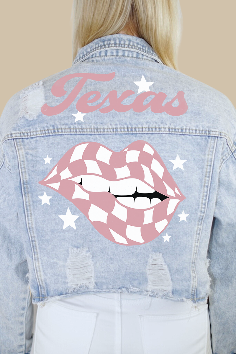 Texas (Rose Pink/White) Checkered Lips Denim Jacket