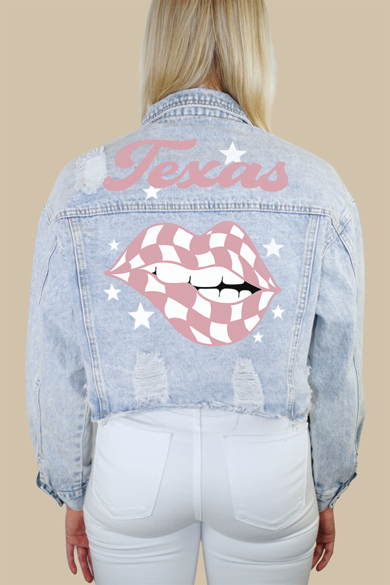 Texas (Rose Pink/White) Checkered Lips Denim Jacket