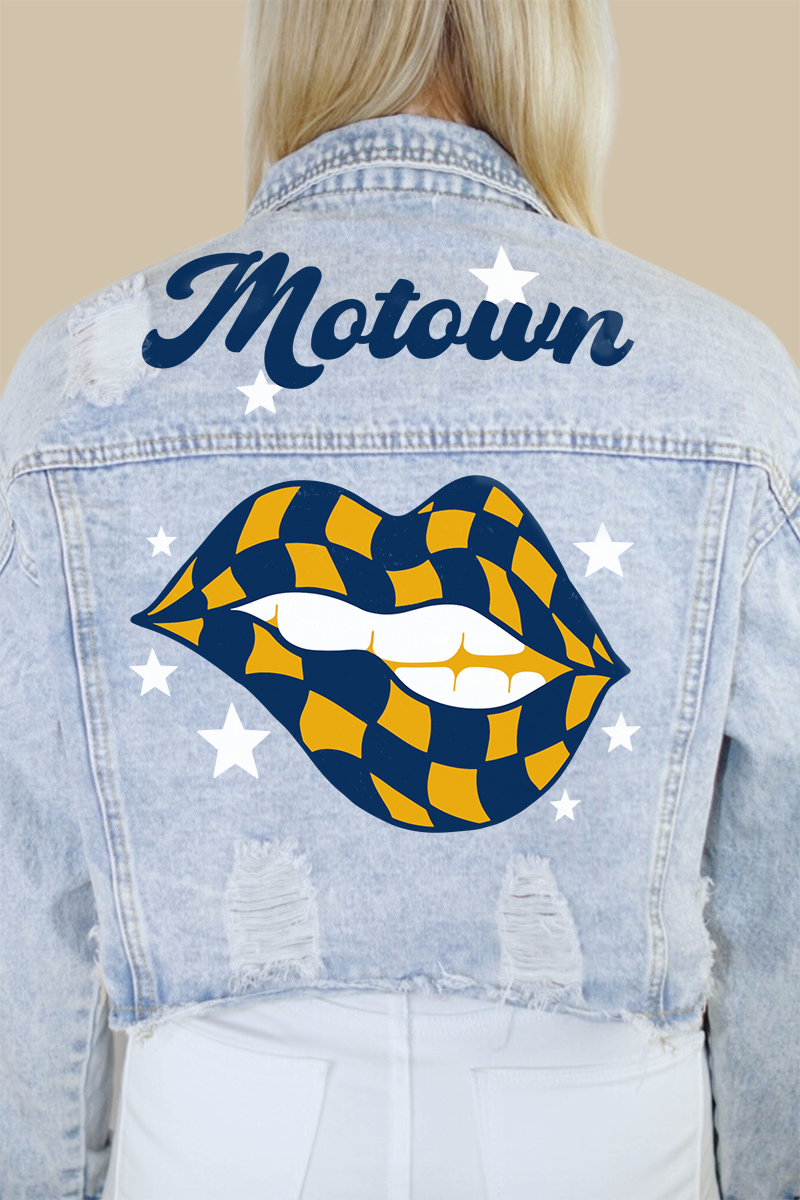 Motown Checkered Lips Print Denim Jacket