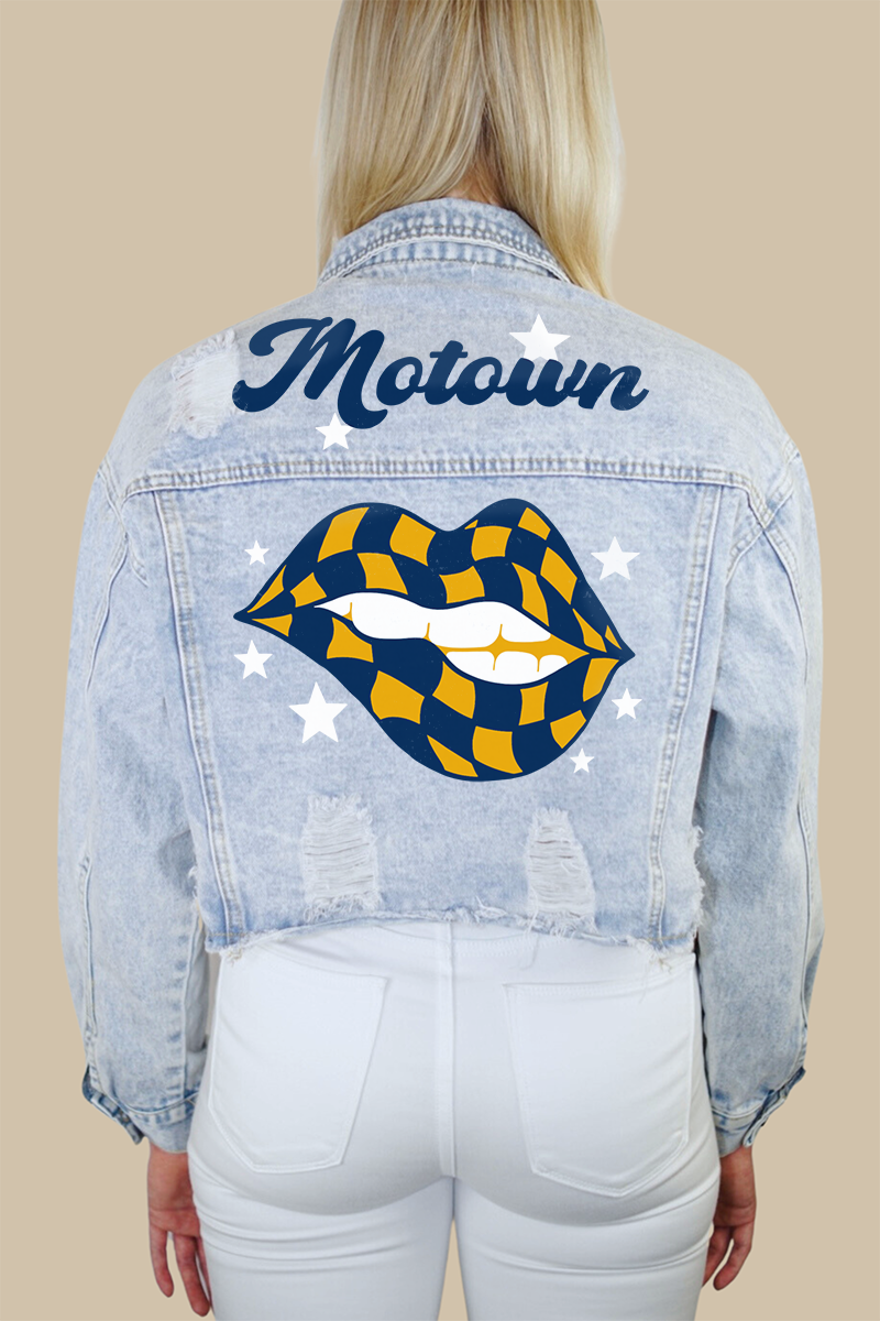 Motown Checkered Lips Print Denim Jacket