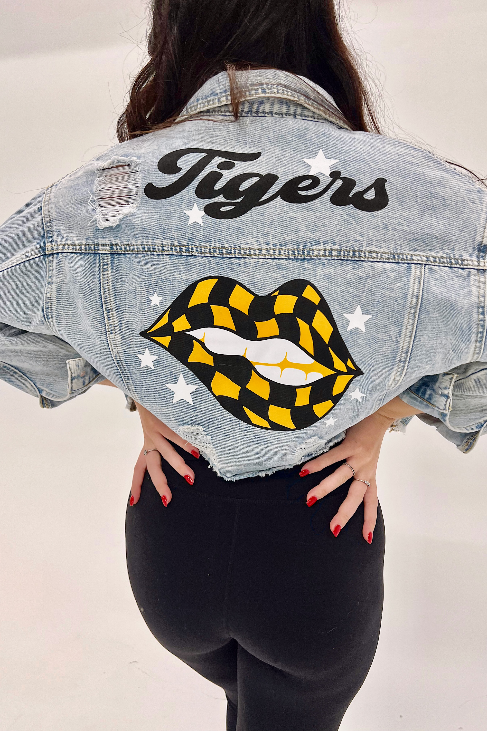 Tigers (Black/Gold) Checkered Lips Print Denim Jacket-Sale