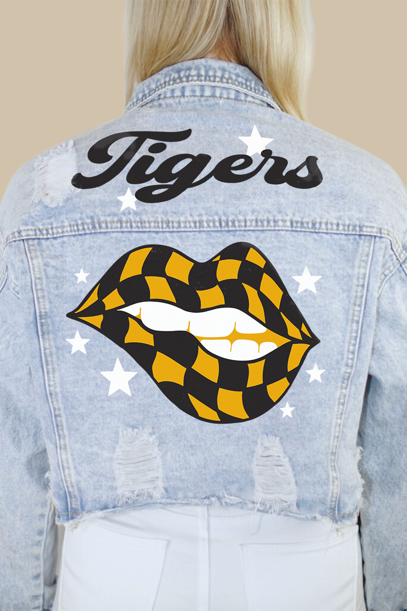 Tigers (Black/Gold) Checkered Lips Print Denim Jacket-Sale