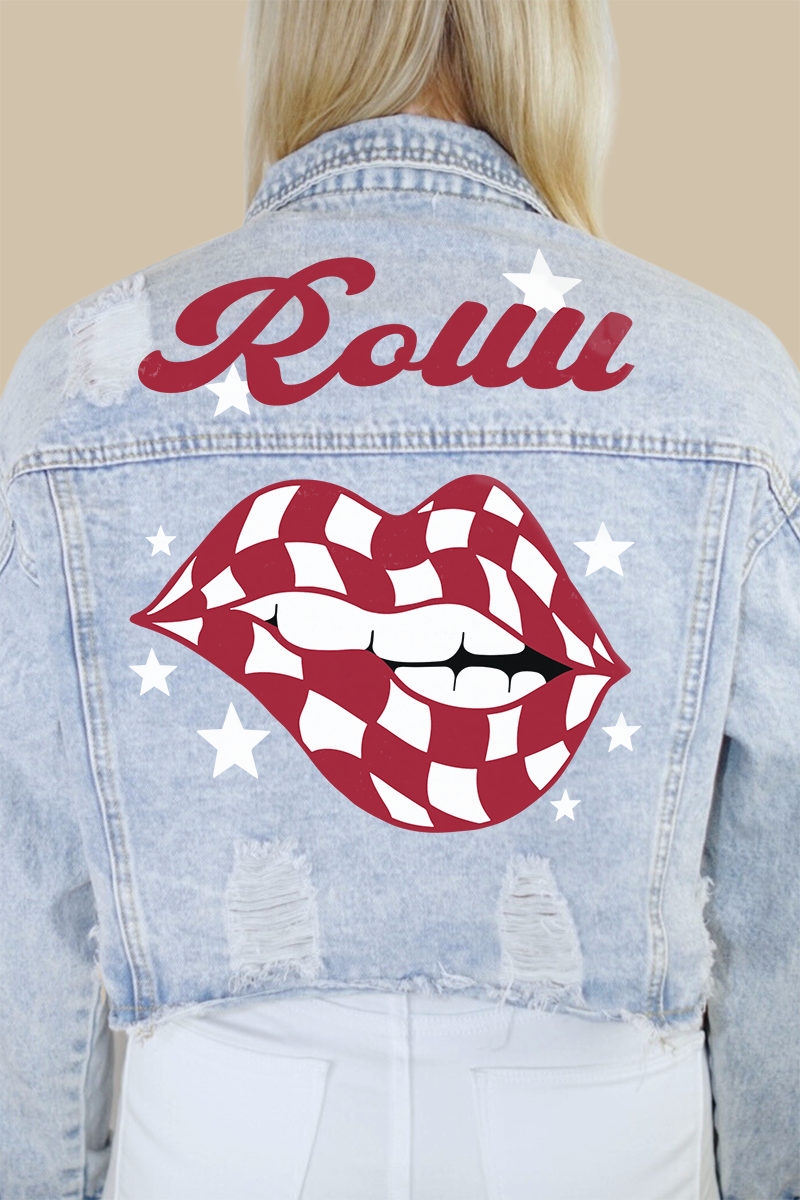 Rollll (Maroon/White) Checkered Lips Denim Jacket